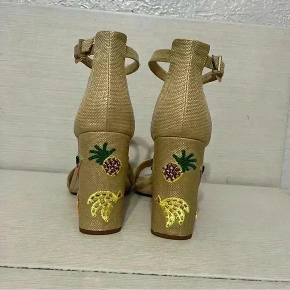 Gianni Bini Joenahtwo Natural Straw Fruit Embellished Block Heel Sandals Summer - Picture 14 of 16